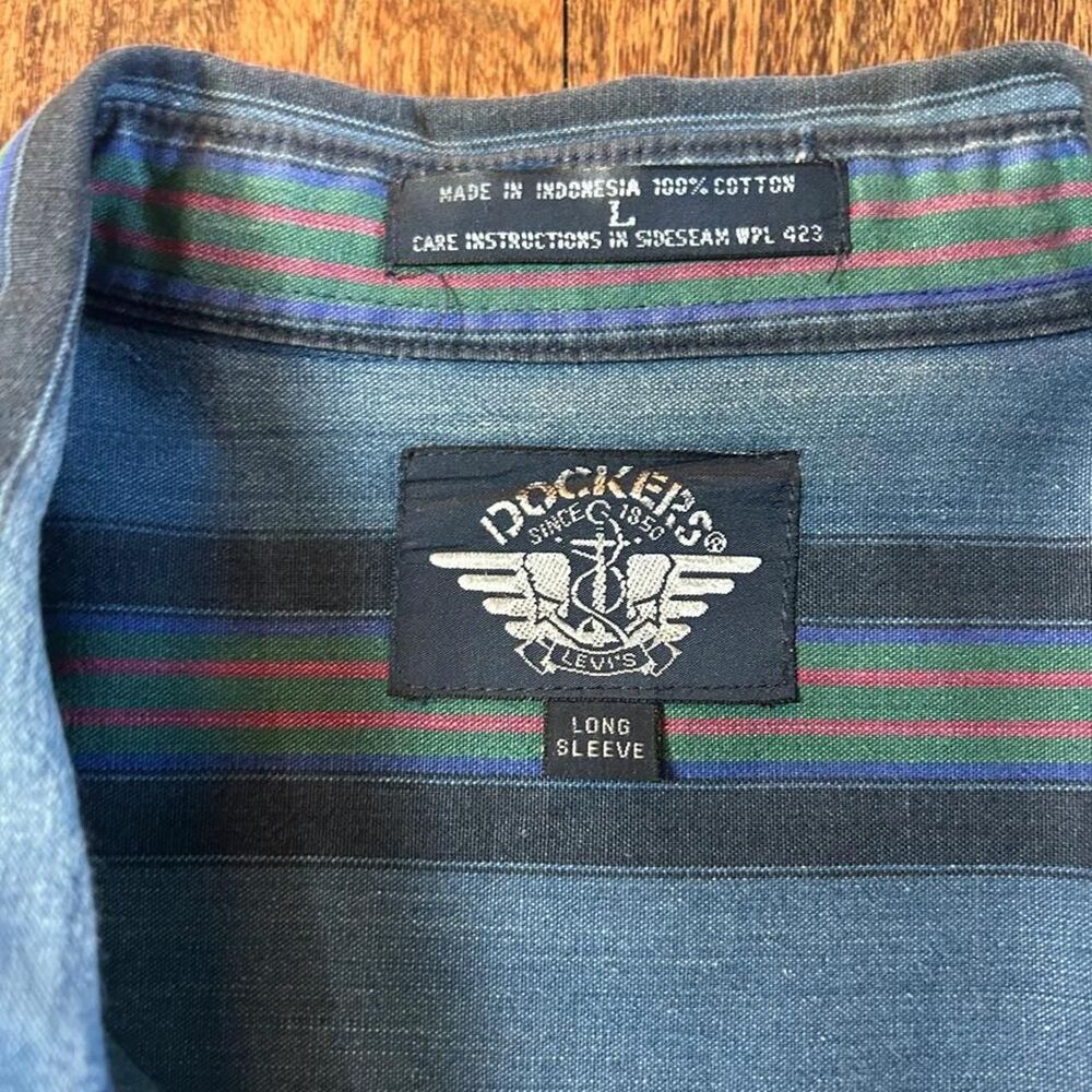 Mens L Dockers Striped Button Up Shirt Long Sleeve 100% Cotton Blue Multicolor